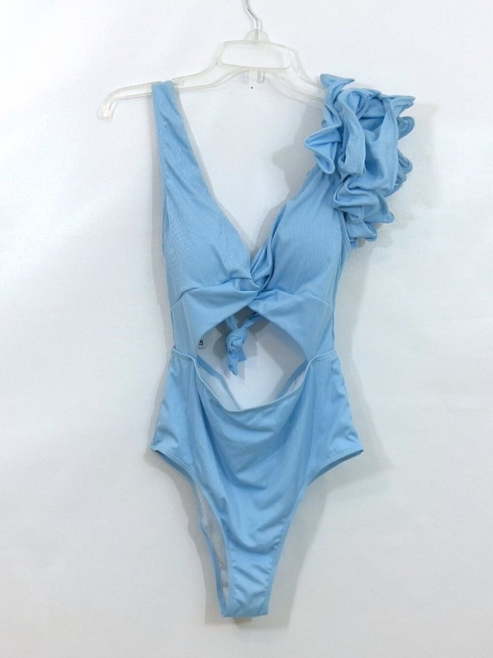 One Piece Swimsuit XL Blue Ribbed Cut-Out Frilly Ruffle Shoulder Sporlike NEW